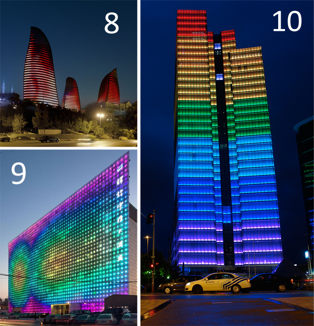 8 – Flame Towers, 9 – GreenPix Zero Energy Wall, 10 – Rogier Tower