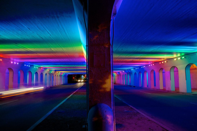 Inside The 18th Street Underpass With A Vibrant Glowing Spectrum Of LED Light